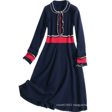 12 GG Navy Blue Color Custom contract polo collar long sleeve knitted women sweater long dress for lady